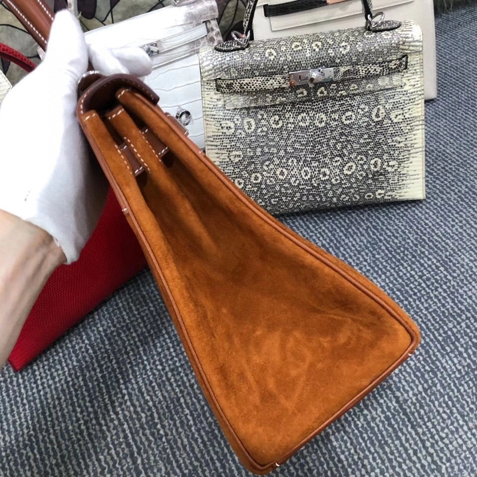 Hermès（爱马仕）Kelly 28cm 麂皮 金棕色拼马鞍皮棕色 银扣 顶级手缝