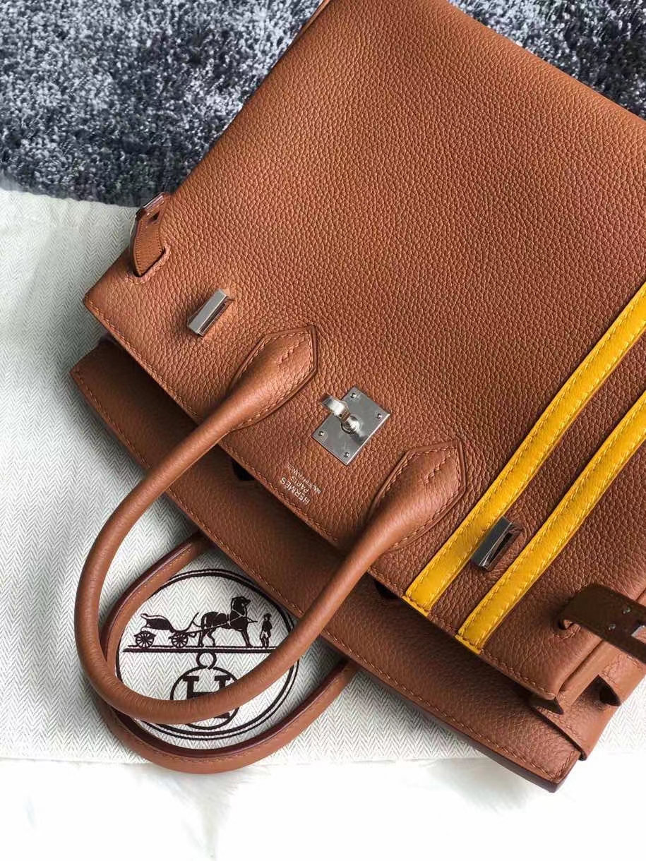 Hermès（爱马仕）Birkin 25cm 原厂小牛皮 ck37金棕色 拼双杠琥珀黄 银扣 顶级手缝 超美