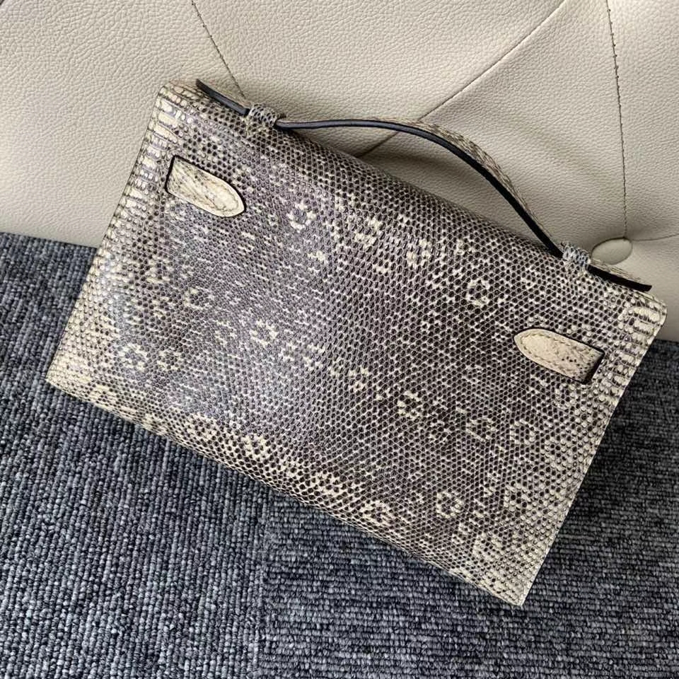 Hermès（爱马仕）Mini kelly pochette Lizard 进口亮面蜥蜴 原色 小喜马拉雅色 银扣 顶级手缝 手拿包 晚宴包