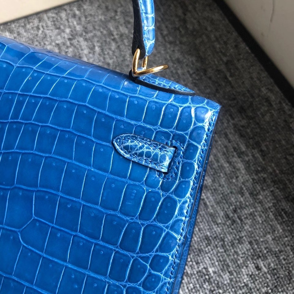 Hermès（爱马仕）Kelly 25cm porosus shiny 亮面澳洲湾鳄 7Ｑ 希腊蓝  金扣 正品五金 现货