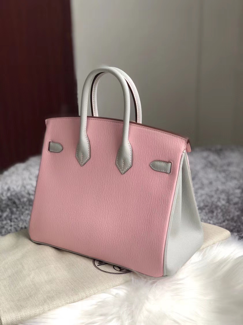 Hermès（爱马仕）Birkin 25cm Chevre 山羊皮 3Ｑ粉拼ck80 珍珠灰 银扣 马蹄印 顶级手缝