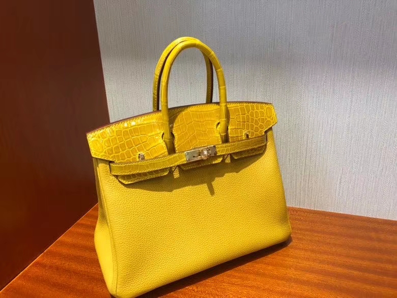 Hermès（爱马仕）Birkin 25cm  Touch 9D琥珀黄 拼亮面鳄鱼琥珀黄 金扣 顶级 手缝 现货