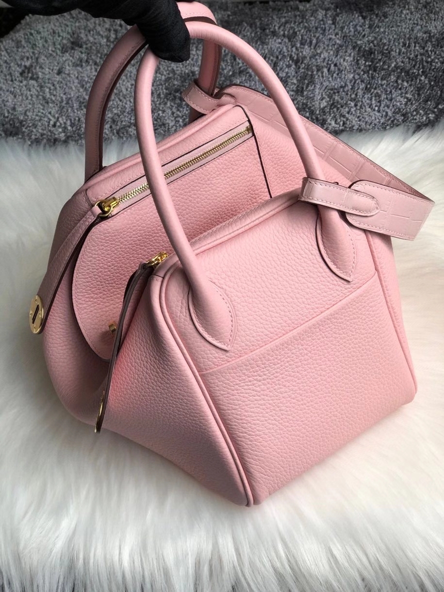 Hermès（爱马仕）Lindy 琳迪包 3Ｑ粉 新粉色 拼手腕鳄鱼 金扣 26cm 顶级手缝 定制