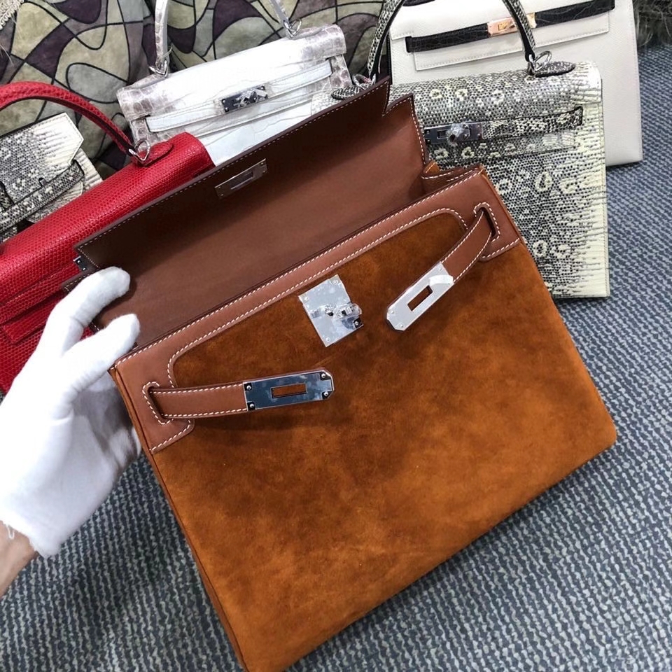 Hermès（爱马仕）Kelly 28cm 麂皮 金棕色拼马鞍皮棕色 银扣 顶级手缝