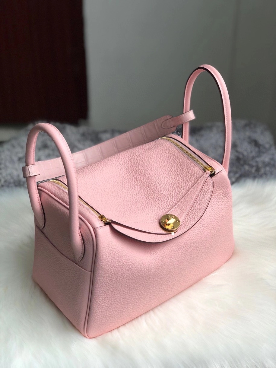 Hermès（爱马仕）Lindy 琳迪包 3Ｑ粉 新粉色 拼手腕鳄鱼 金扣 26cm 顶级手缝 定制