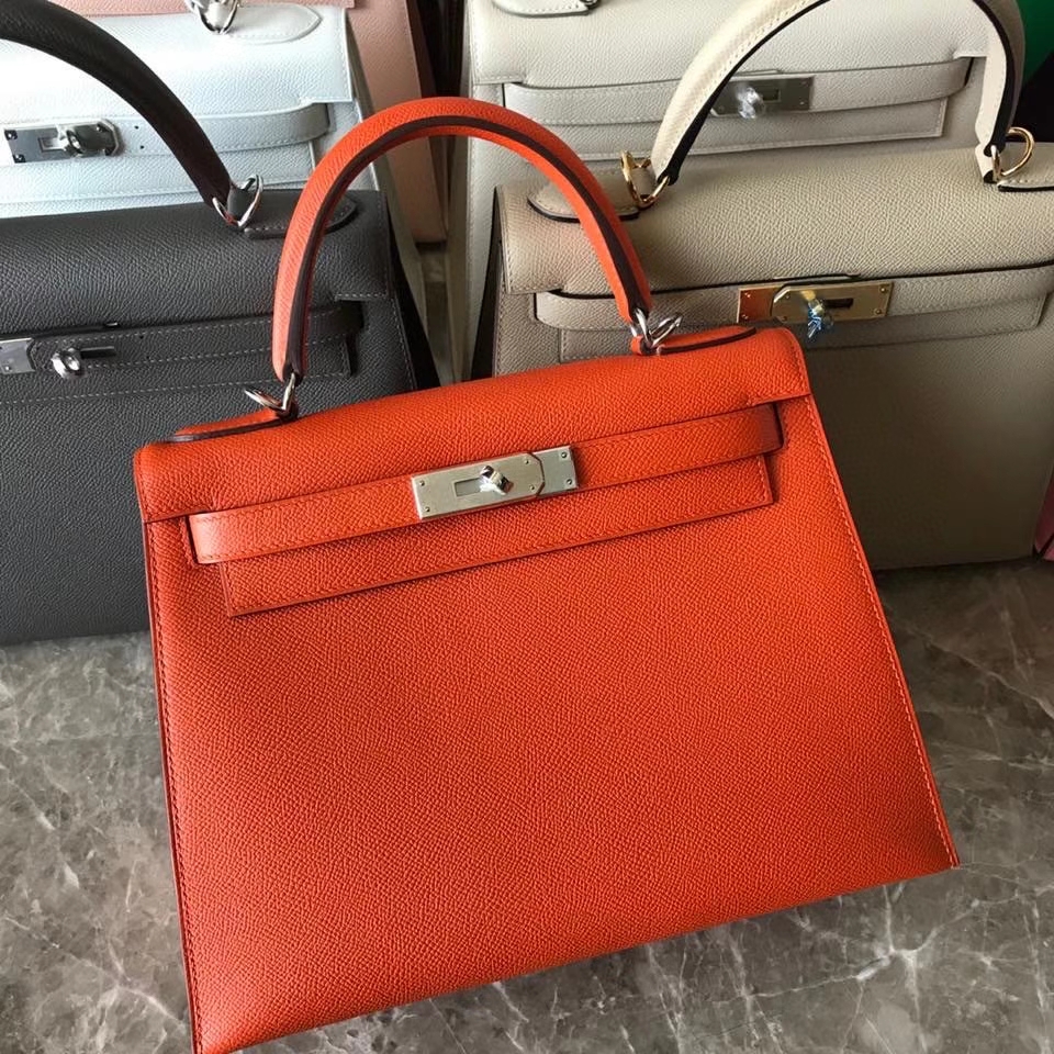 Hermès（爱马仕）Kelly 28cm Epsom 原厂御用掌纹皮 9J 火焰橙 银扣 顶级手缝 现货