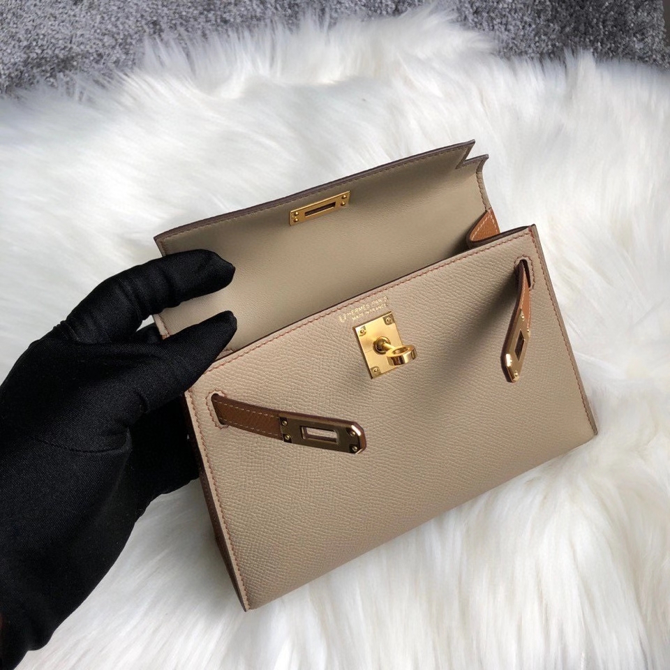 Hermès（爱马仕）Mini kelly ll Epsom 原厂掌纹皮 S2 风衣灰拼 金棕色 gold 金扣 马蹄印 顶级手缝 定制