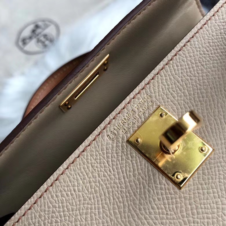 Hermès（爱马仕）mini kelly ll Epsom 原厂掌纹皮  S2 风衣灰拼ck37 金棕色 金扣 马蹄印 定制