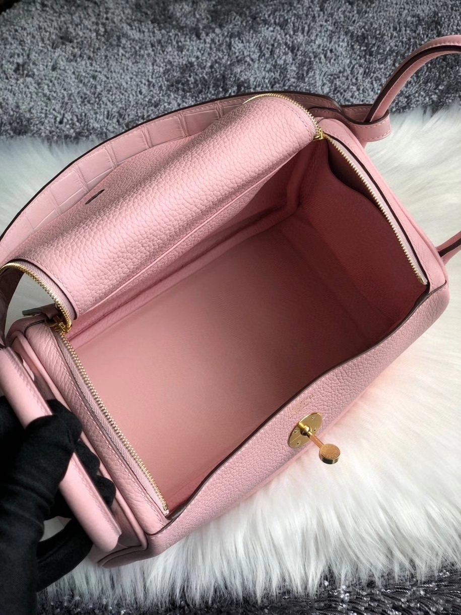 Hermès（爱马仕）Lindy 琳迪包 3Ｑ粉 新粉色 拼手腕鳄鱼 金扣 26cm 顶级手缝 定制