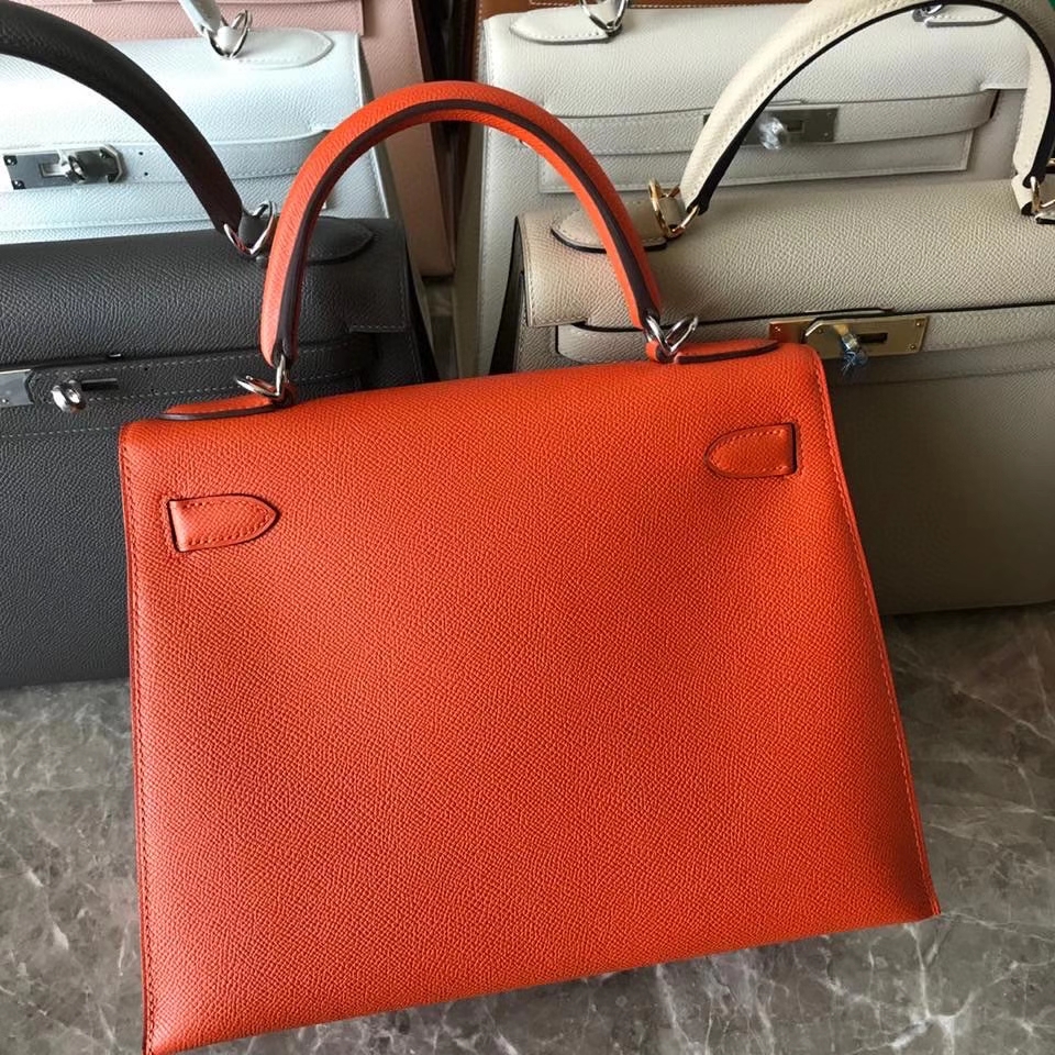 Hermès（爱马仕）Kelly 28cm Epsom 原厂御用掌纹皮 9J 火焰橙 银扣 顶级手缝 现货
