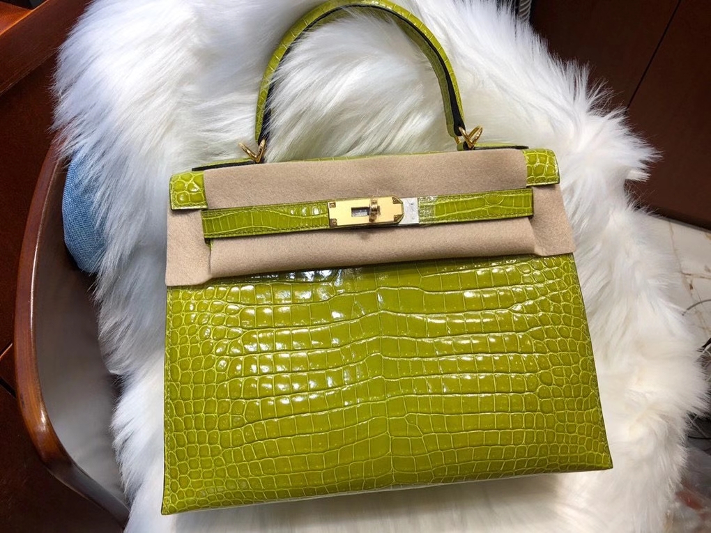 Hermès（爱马仕）Kelly 28cm Porosus shiny 亮面澳洲湾鳄 6R 奇异果绿 金扣 顶级手缝 品相超美 现货