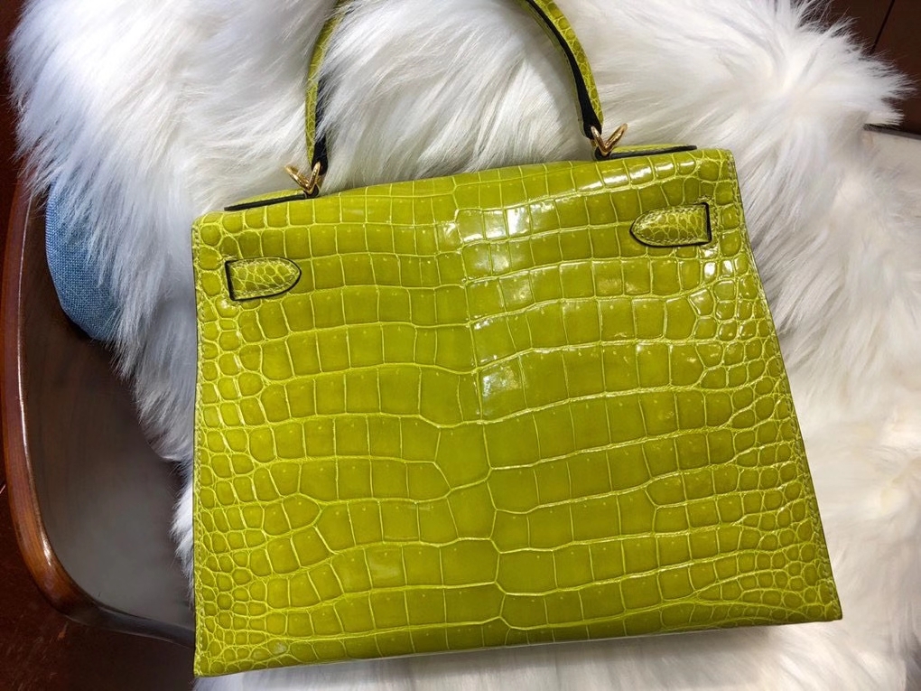 Hermès（爱马仕）Kelly 28cm Porosus shiny 亮面澳洲湾鳄 6R 奇异果绿 金扣 顶级手缝 品相超美 现货