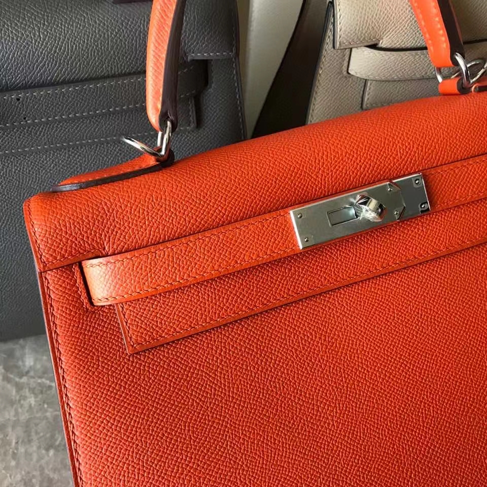 Hermès（爱马仕）Kelly 28cm Epsom 原厂御用掌纹皮 9J 火焰橙 银扣 顶级手缝 现货