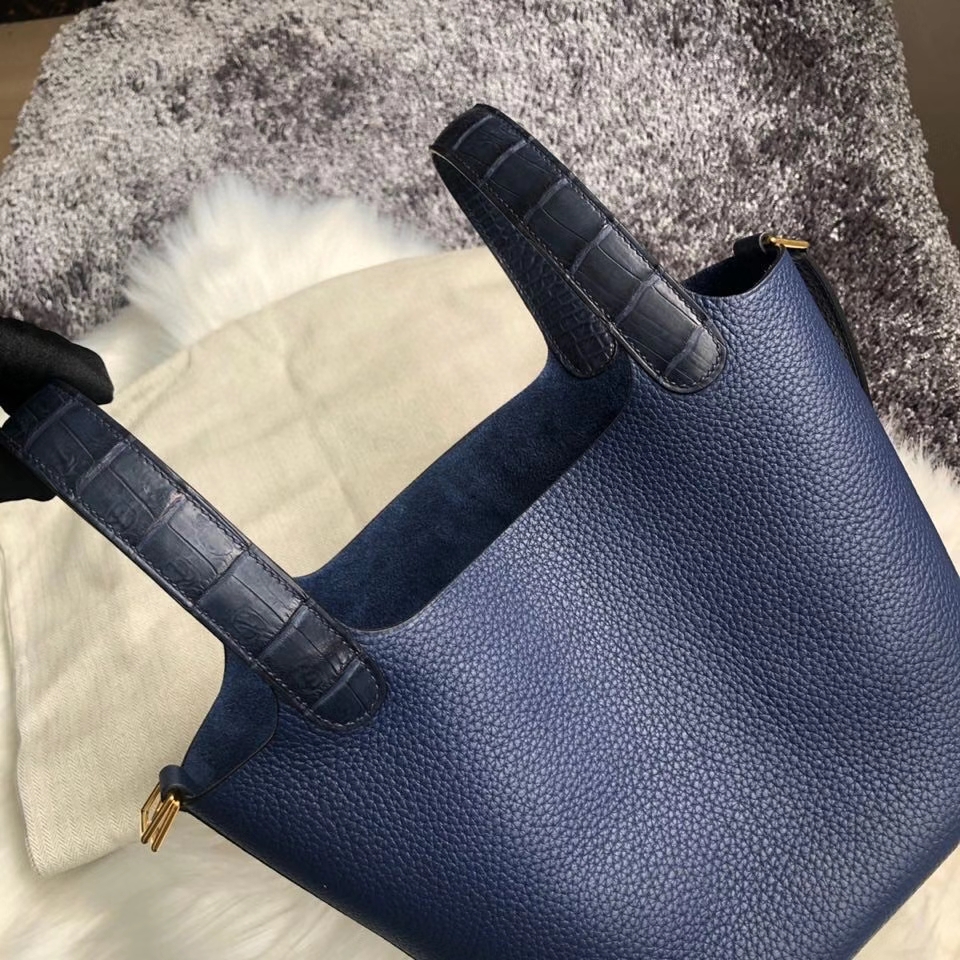 Hermès（爱马仕）Picotin 18cm 宝石蓝拼鳄鱼宝石蓝手腕 金扣 顶级手缝 订制