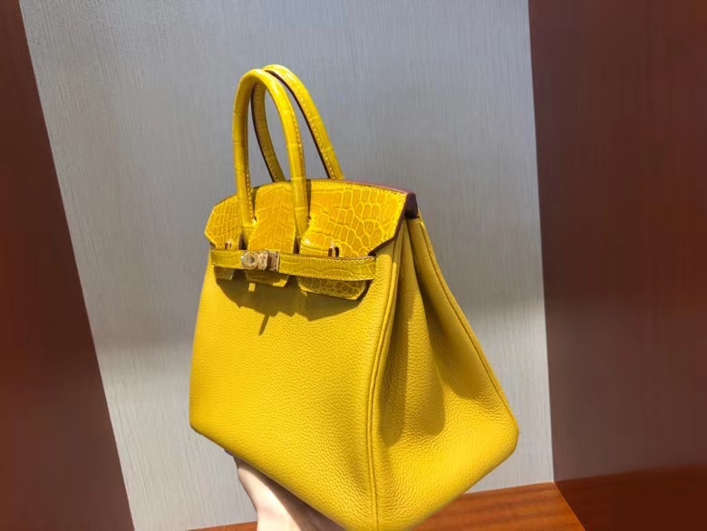 Hermès（爱马仕）Birkin 25cm  Touch 9D琥珀黄 拼亮面鳄鱼琥珀黄 金扣 顶级 手缝 现货