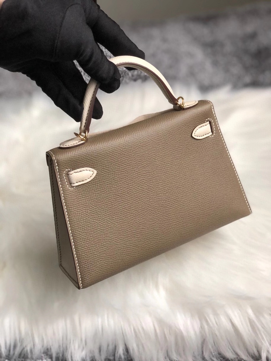 Hermès（爱马仕）Minikelly ll 原厂御用掌纹皮 ck18 大象灰 拼 ck10 奶昔白 金扣 马蹄印 顶级手缝 现货