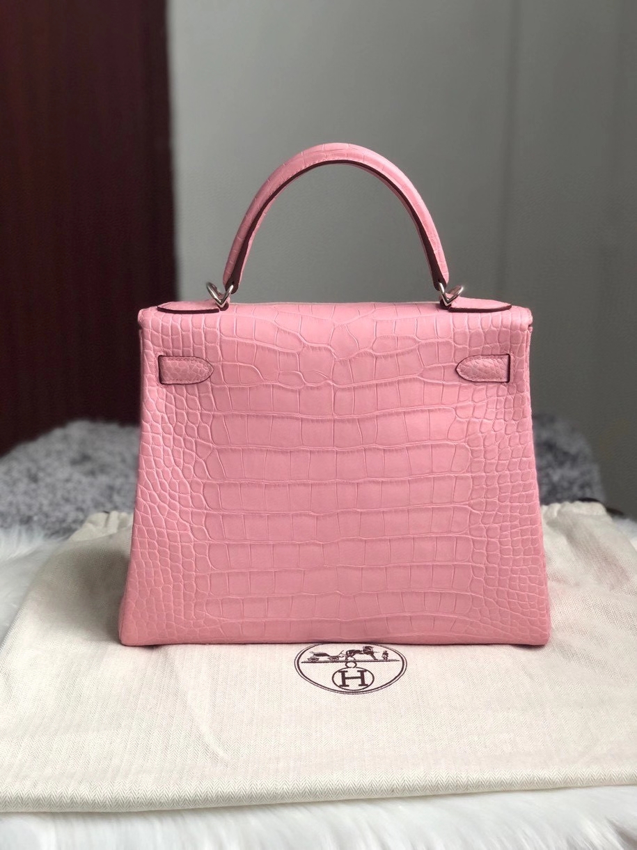 Hermès（爱马仕）Kelly 28cm Alligator matt 雾面鳄鱼 5p 樱花粉 银扣 顶级手缝 现货