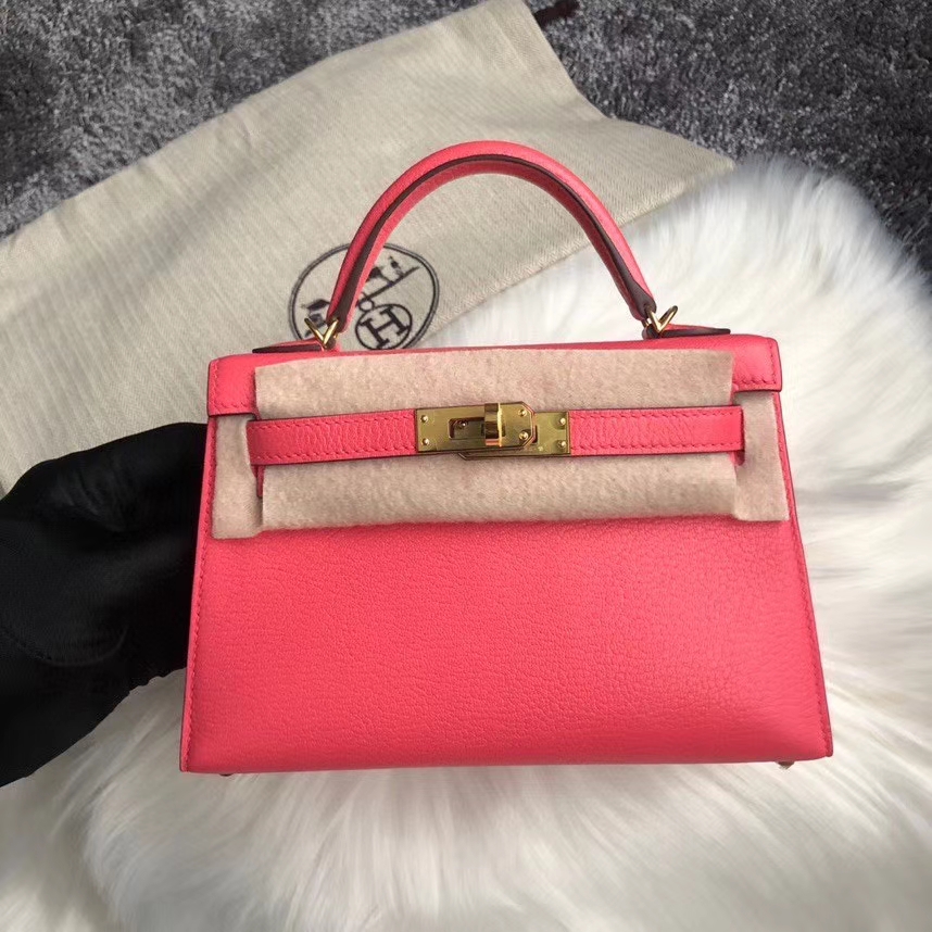 Hermès（爱马仕）Mini kelly ll 山羊皮 Chevre  8w 唇膏粉  rose azalee 金扣 顶级手缝