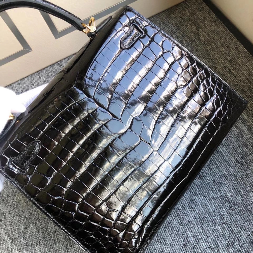 Hermès（爱马仕）Kelly 25cm Crocodile shiny 亮面鳄鱼 ck89 黑色 Noir 金扣 正品五金 现货