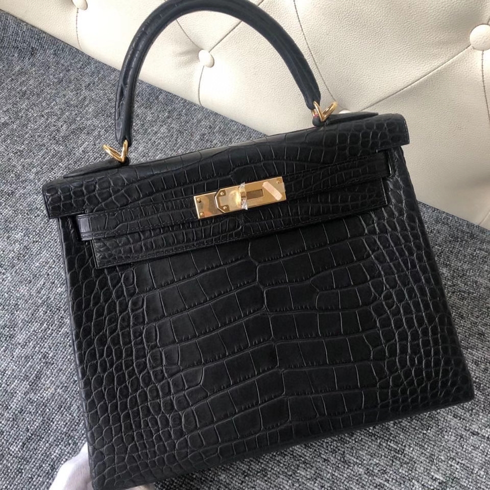 Hermès（爱马仕）Kelly 28cm Alligator matt 雾面鳄鱼 ck89 黑色 Noir 金扣 顶级手缝