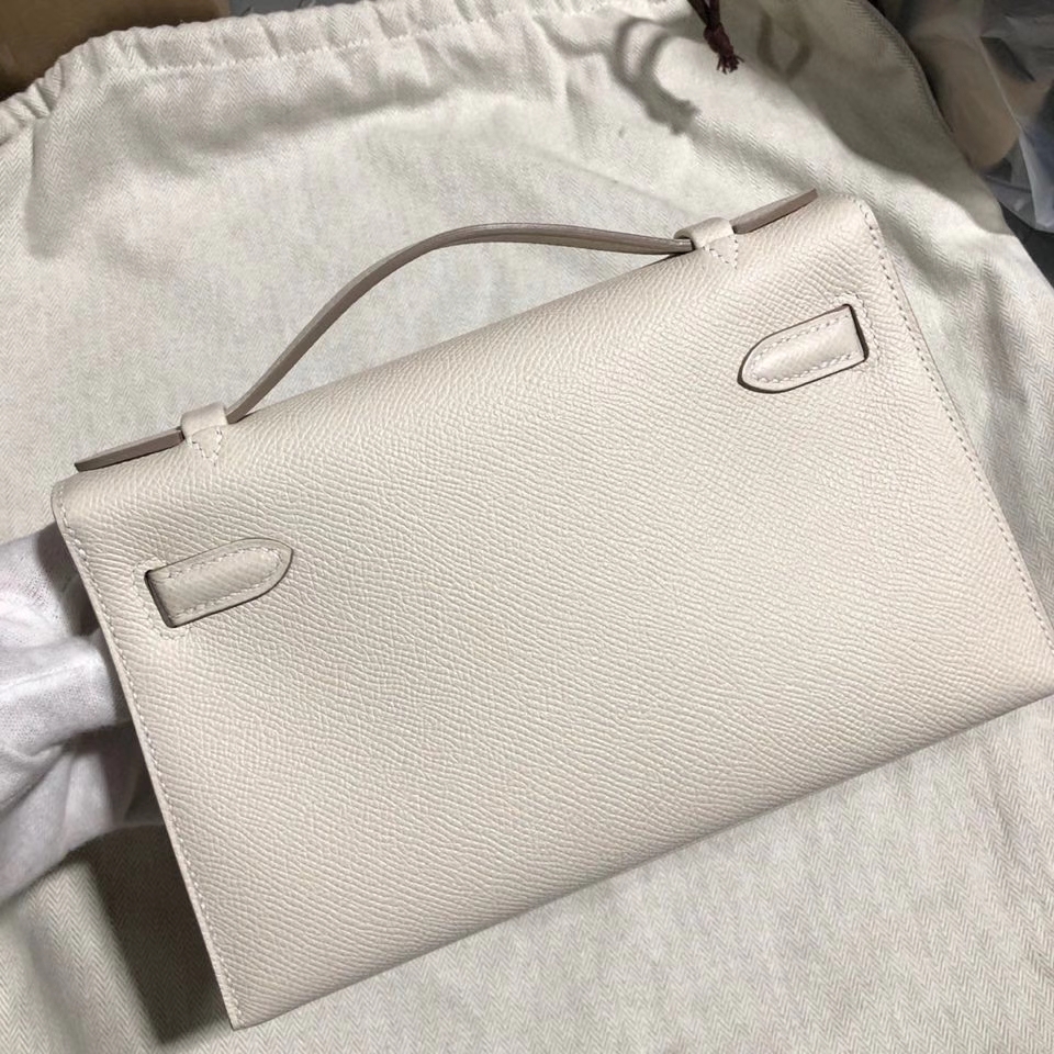 Hermès（爱马仕）Mini kelly pochette 22cm Epsom 原厂掌纹皮  ck10 奶昔白 Craie 金扣 顶级手缝 手拿包