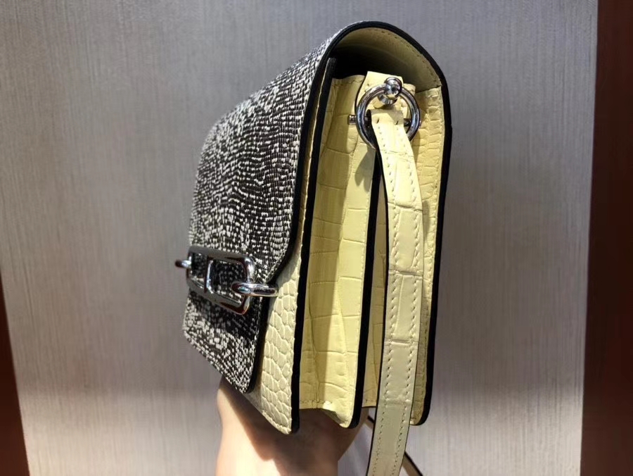 Hermès（爱马仕）Roulis 18cm  Alligator matt 雾面鳄鱼 Y1 香草色  拼Lizard 原色 小喜马拉雅色 银扣 现货