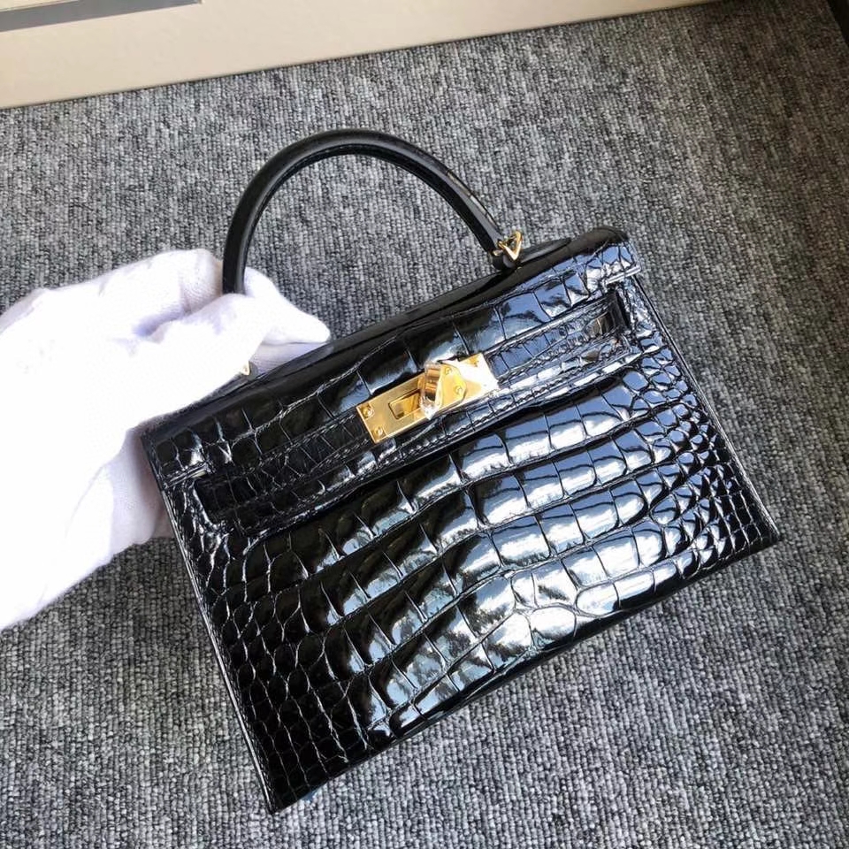 Hermès（爱马仕）Mini kelly ll Alligator shiny 亮面鳄鱼 ck89 黑色 Noir 金扣 顶级手缝 拱珠皮 现货