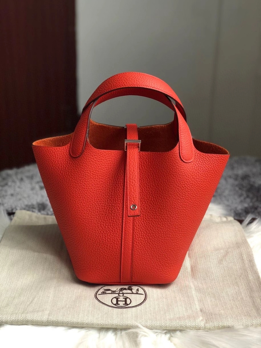 Hermès（爱马仕）Picotin 菜篮包 18cm 原厂御用顶级皮 clememce 9J 火焰橙 银扣 顶级手缝