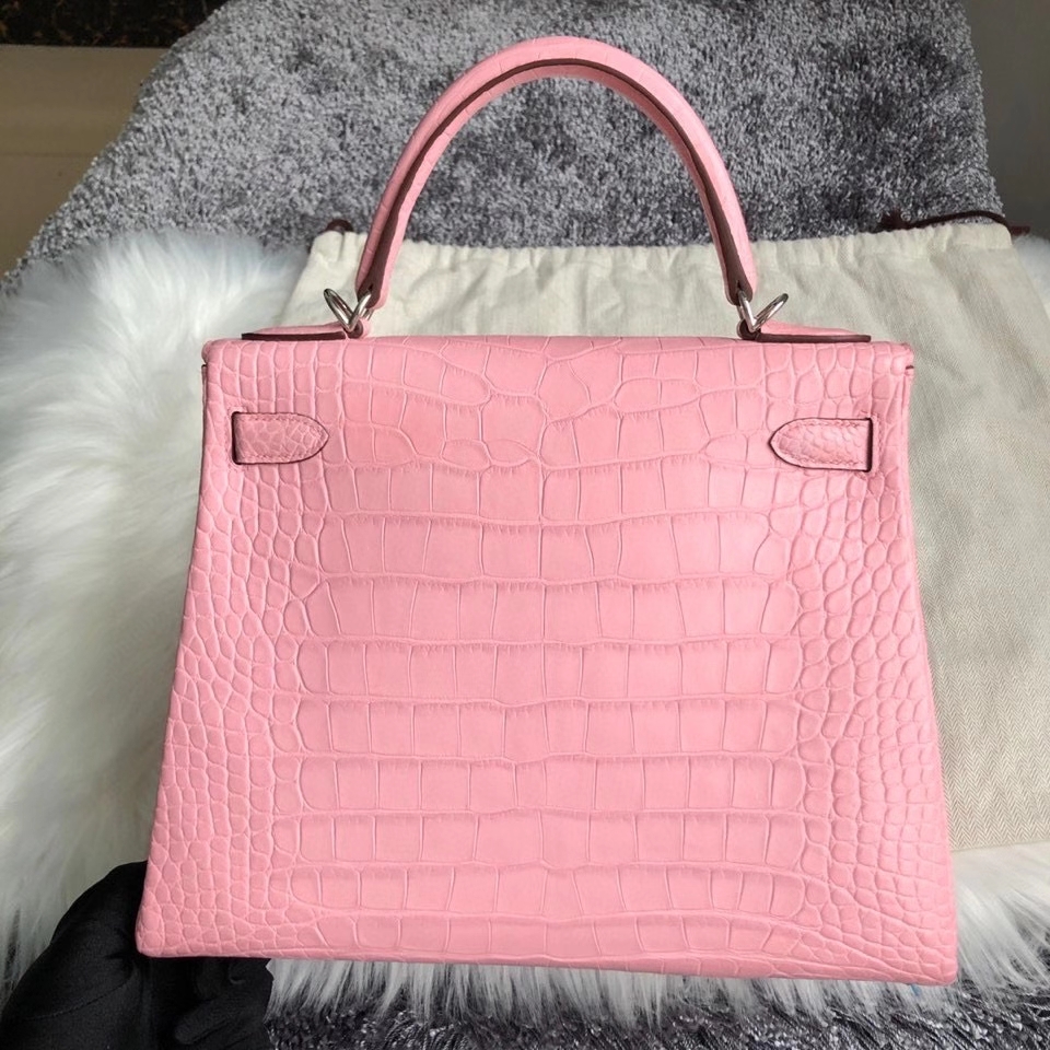 Hermès（爱马仕）Kelly 28cm Alligator matt 雾面鳄鱼 5p 樱花粉 银扣 顶级手缝 现货