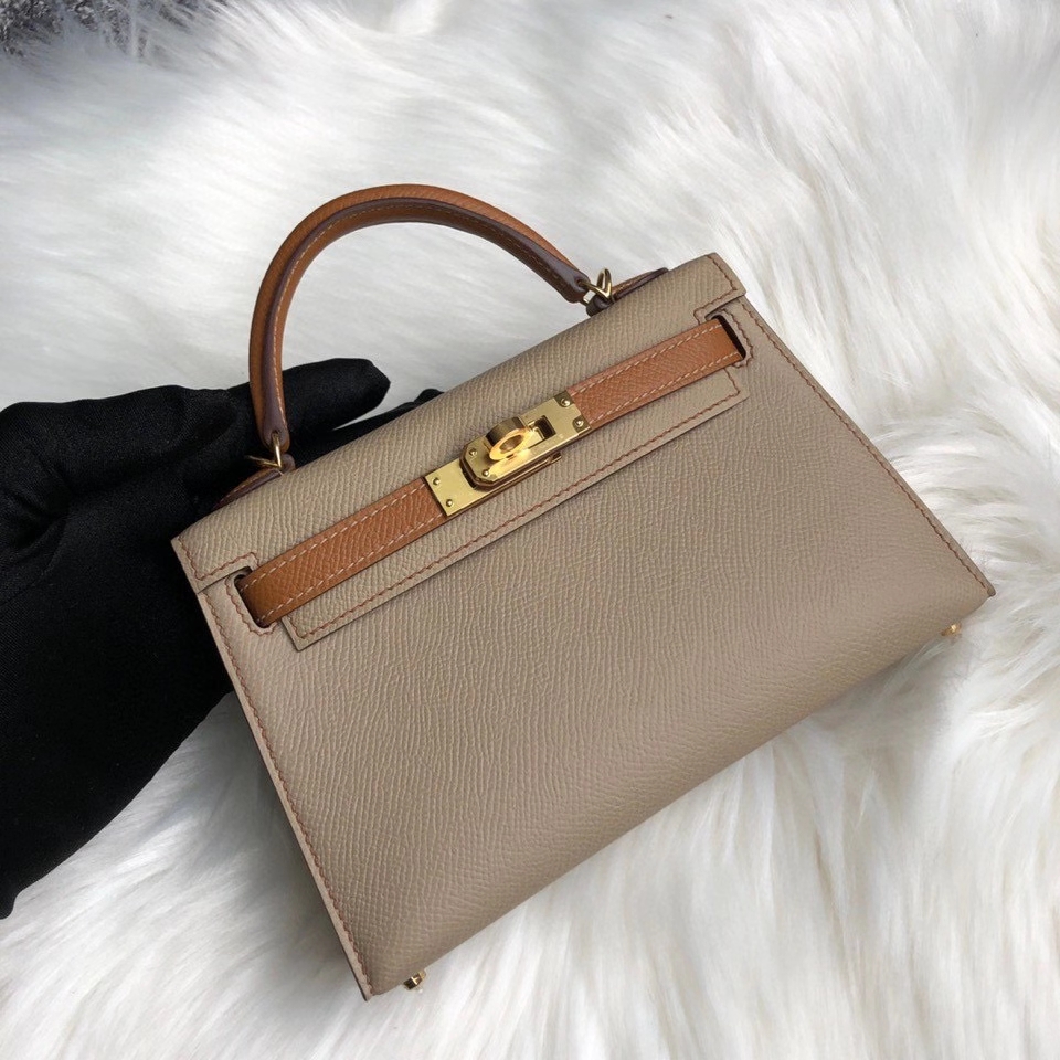 Hermès（爱马仕）Mini kelly ll Epsom 原厂掌纹皮 S2 风衣灰拼 金棕色 gold 金扣 马蹄印 顶级手缝 定制