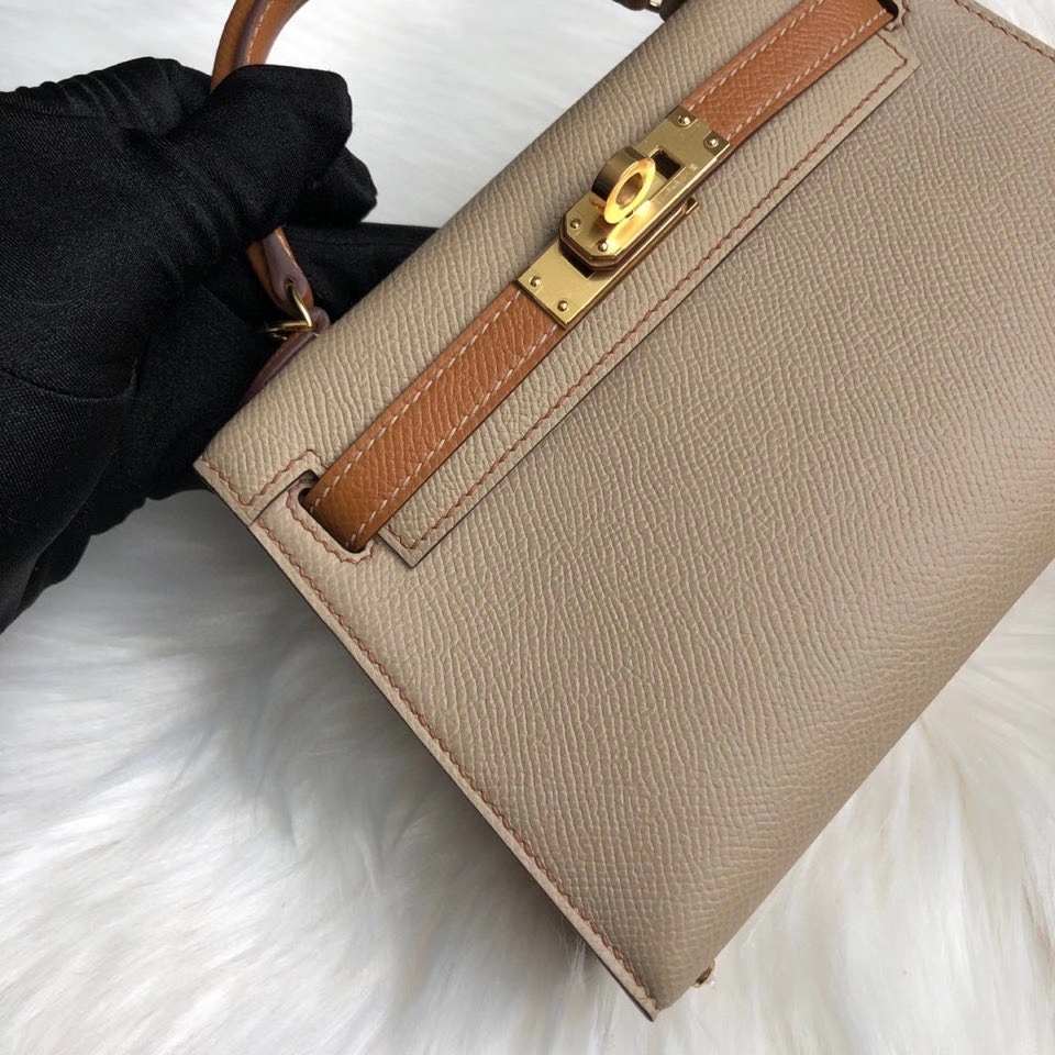 Hermès（爱马仕）Mini kelly ll Epsom 原厂掌纹皮 S2 风衣灰拼 金棕色 gold 金扣 马蹄印 顶级手缝 定制