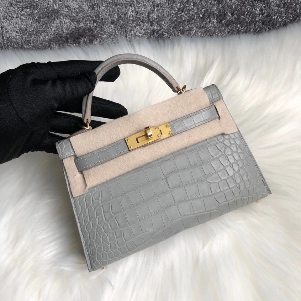 Hermès（爱马仕）Mini kelly Alligator matt 雾面鳄鱼 ck80 珍珠灰 金扣 顶级手缝