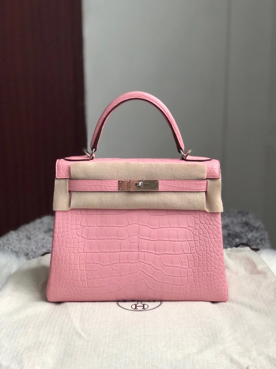 Hermès（爱马仕）Kelly 28cm Alligator matt 雾面鳄鱼 5p 樱花粉 银扣 顶级手缝 现货