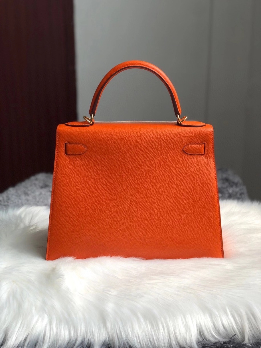 Hermès（爱马仕）Kelly 28cm 原厂御用掌纹皮 Epsom 9J 火焰橙 金扣 超美 热情似火 顶级手缝