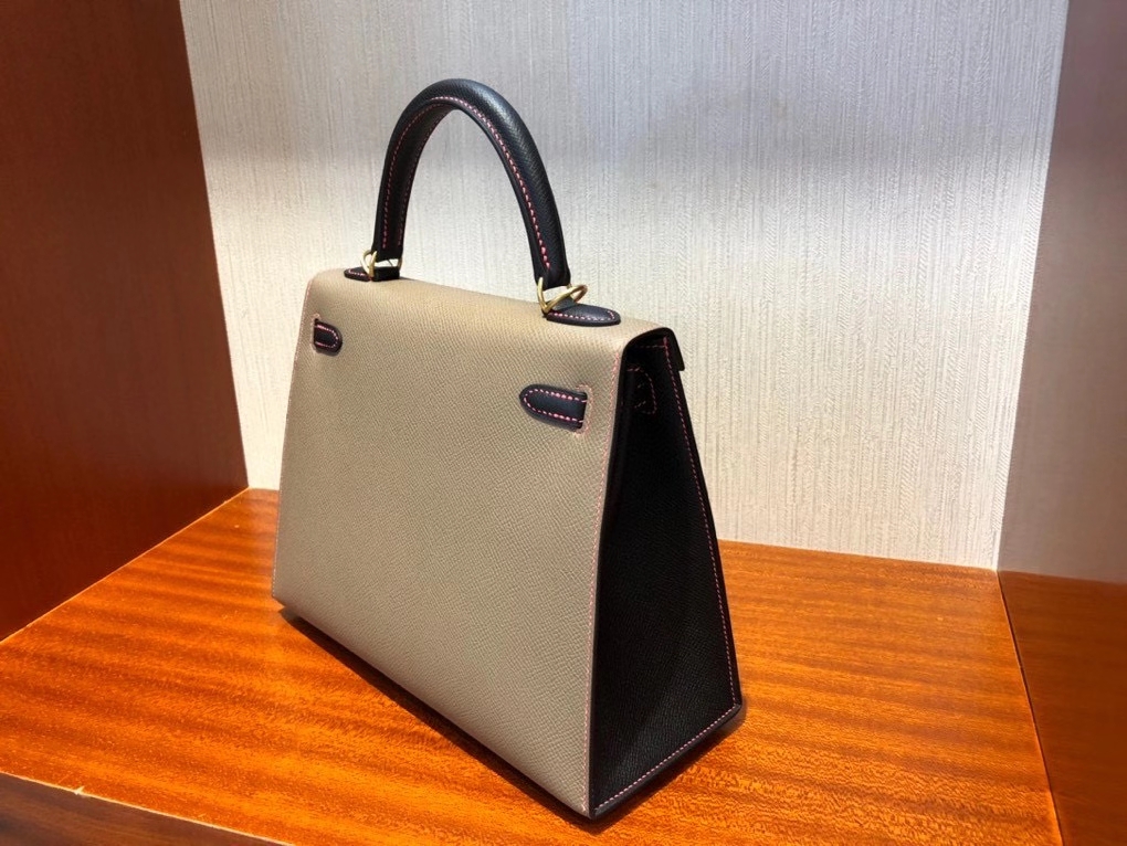 Hermès（爱马仕）Kelly 25cm Epsom 原厂掌纹皮 M8 沥青灰拼ck89 黑色  唇膏粉线  拉丝金扣