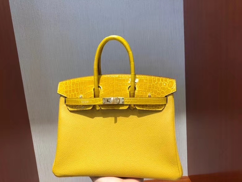 Hermès（爱马仕）Birkin 25cm  Touch 9D琥珀黄 拼亮面鳄鱼琥珀黄 金扣 顶级 手缝 现货