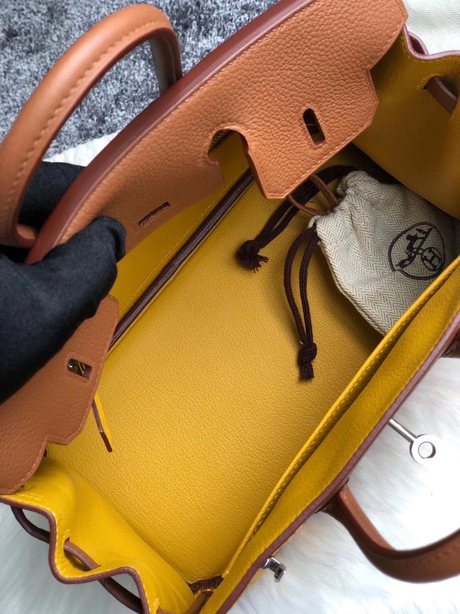 Hermès（爱马仕）Birkin 25cm 原厂小牛皮 ck37金棕色 拼双杠琥珀黄 银扣 顶级手缝 超美