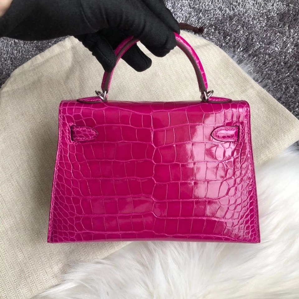 Hermès（爱马仕）Mini kelly ll Alligator shiny 亮面鳄鱼 J5 天方夜谭粉紫 银扣 顶级手缝 现货