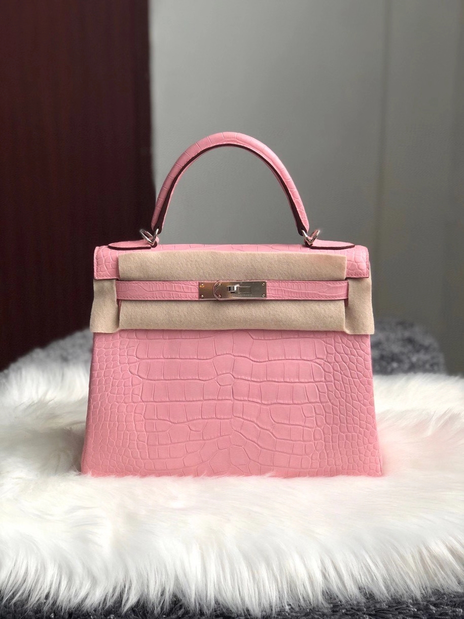 Hermès（爱马仕）Kelly 28cm Alligator matt 雾面鳄鱼 5p 樱花粉 银扣 顶级手缝 现货