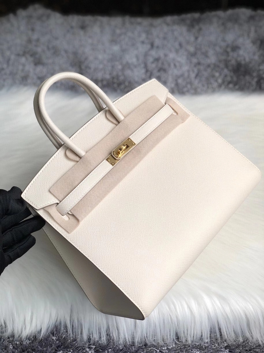 Hermès（爱马仕）Birkin 25cm Epsom 原厂掌纹皮 外缝 ck10 奶昔白 Craie 金扣 顶级手缝 定制