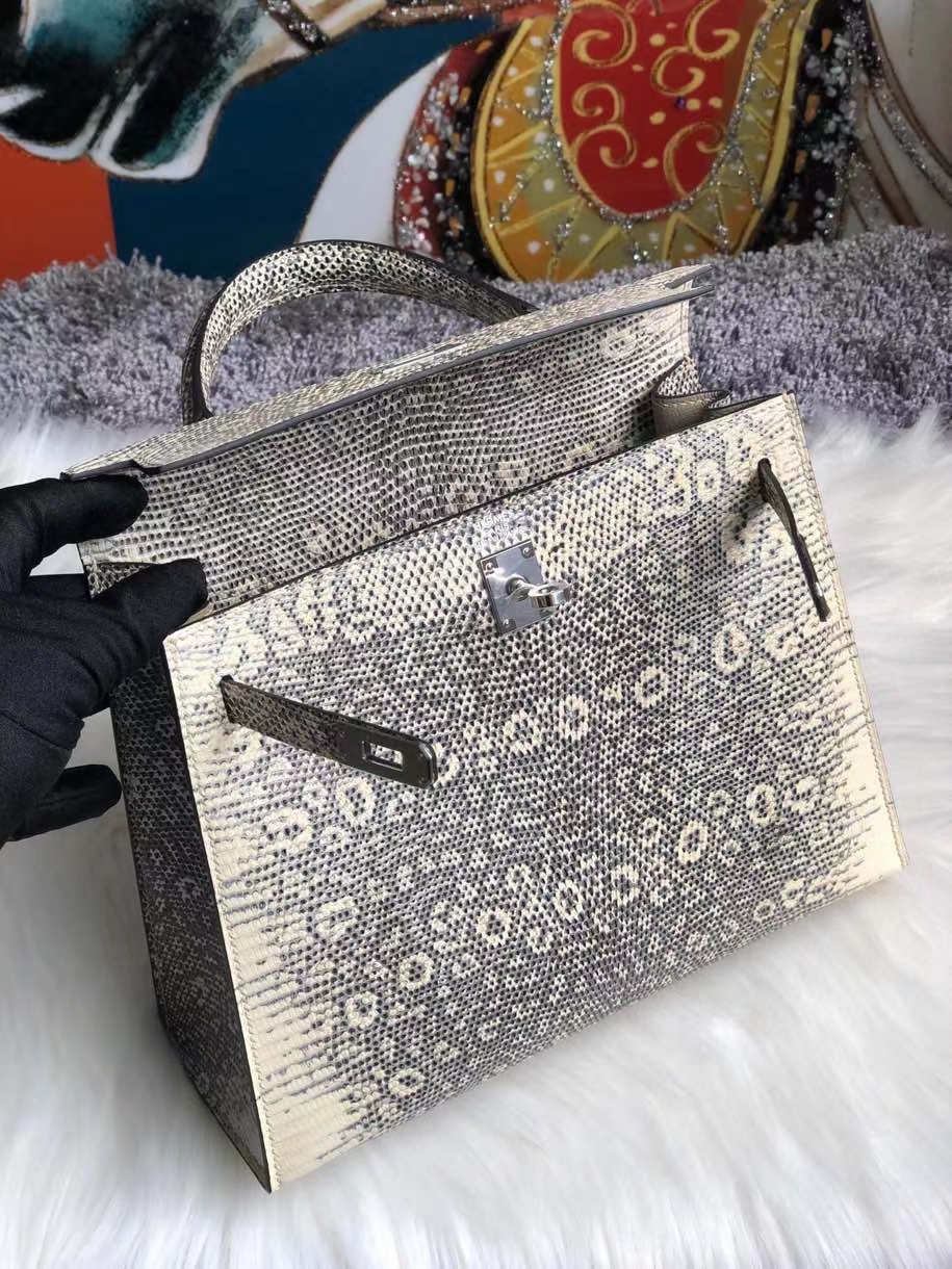 Hermès（爱马仕）Kelly 25cm Lizard 进口亮面蜥蜴 01原色 小喜马拉雅色 银扣 顶级手缝 现货