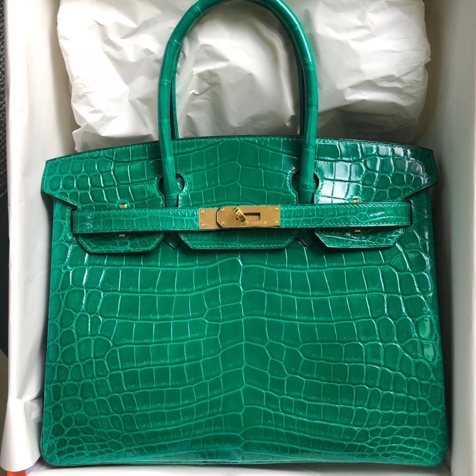 Hermès（爱马仕）Birkin 30cm Crocodile shiny 亮面鳄鱼 7Ｑ 翡翠绿 金扣 顶级手缝 现货