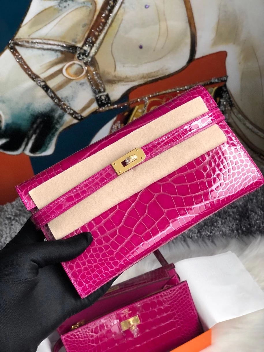 Hermès（爱马仕）Kelly wallet  Alligator shiny 亮面鳄鱼 J5 天方夜谭粉紫 金扣 顶级手缝 现货