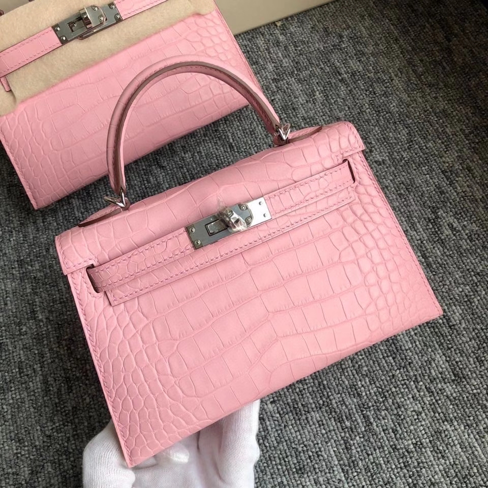 Hermès（爱马仕）Mini kelly ll alligator matt 雾面鳄鱼 5p 樱花粉 银扣 顶级手缝