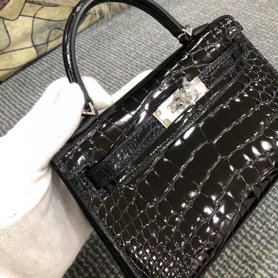 Hermès（爱马仕）Mini kelly ll alligator shiny 亮面鳄鱼 ck89 黑色 Noir 银扣 顶级手缝