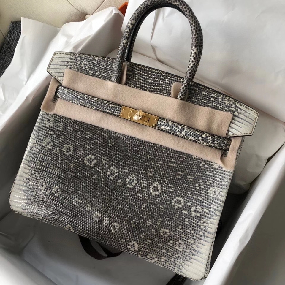Hermès（爱马仕）Birkin 25cm Lizard 进口亮面蜥蜴 01原色 小喜马拉雅色 金扣 顶级手缝 现货