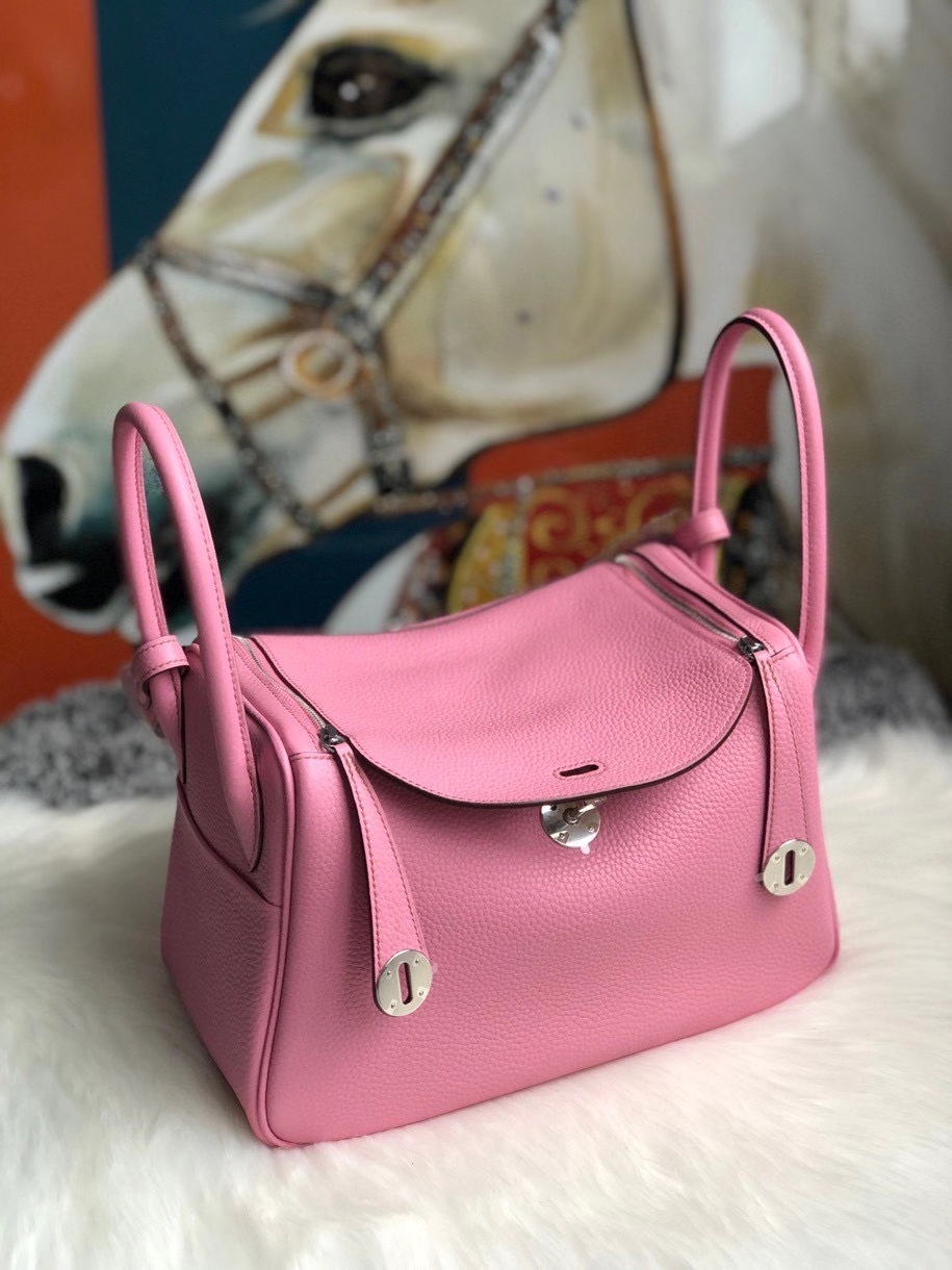 Hermès（爱马仕）Lindy 26cm 原厂御用大牛皮 樱花粉内皮奶昔白 银扣 顶级手缝 定制