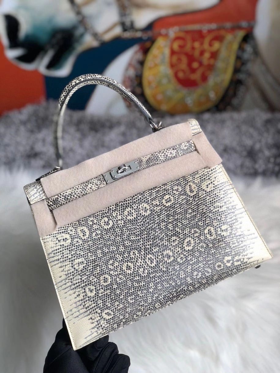Hermès（爱马仕）Kelly 25cm Lizard 进口亮面蜥蜴 01原色 小喜马拉雅色 银扣 顶级手缝 现货