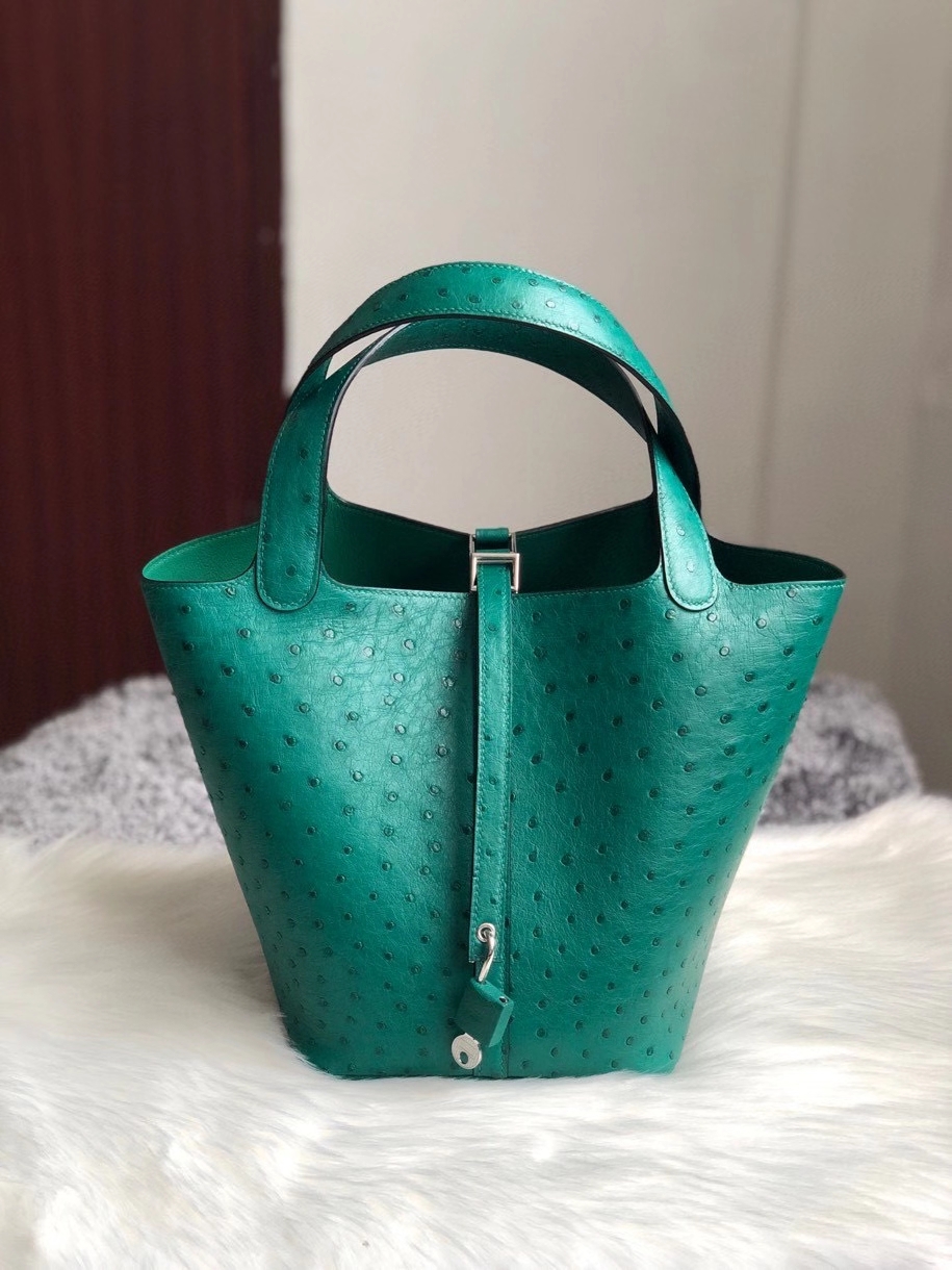 Hermès（爱马仕）Picotin 22cm Ostrich kk鸵鸟  U4 丝绒绿 银扣 顶级手缝 定制