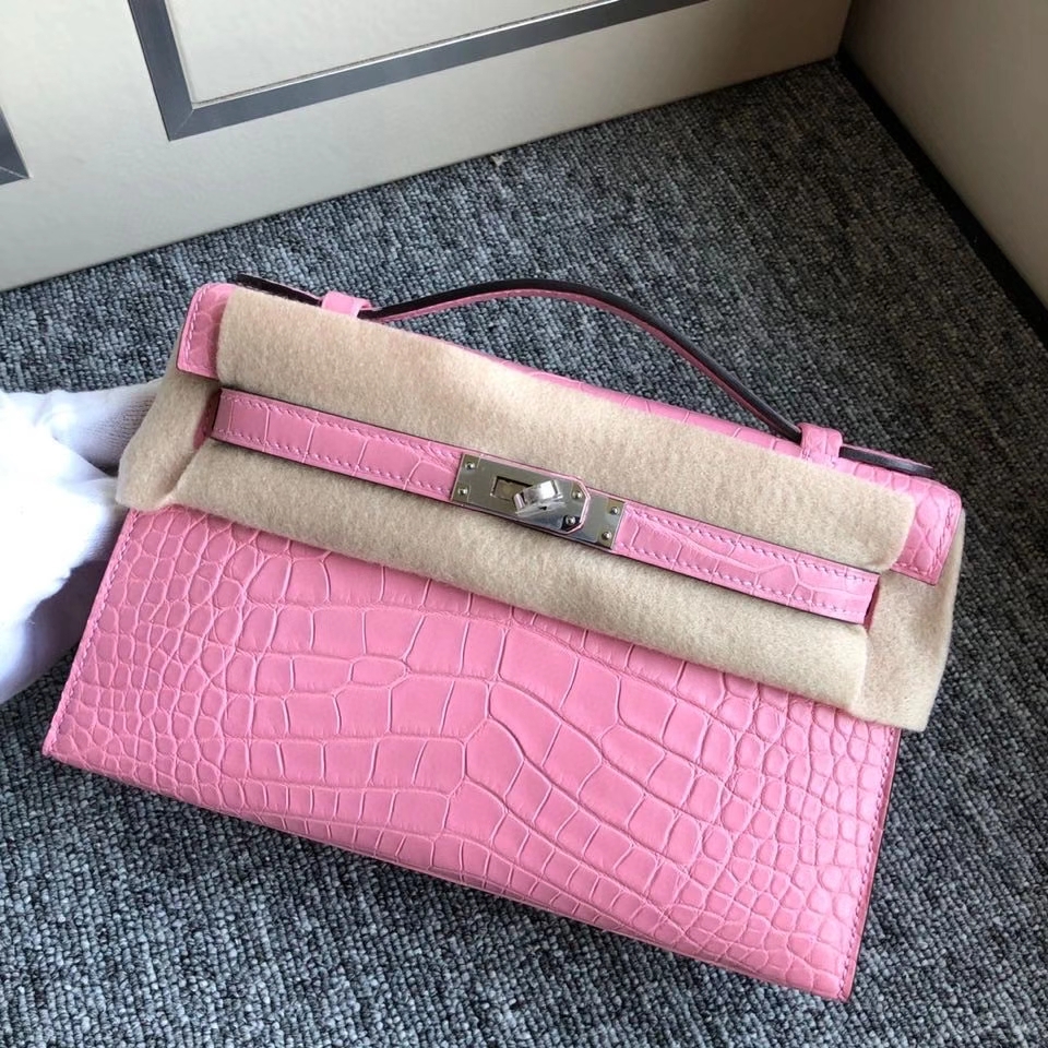 Hermès（爱马仕）Mini pochette 22cm Alligator matt 雾面鳄鱼 5p 樱花粉 银扣 顶级手缝 现货